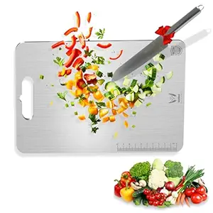 304 Stainless Steel Chopping Board with Built-in Knife | Food Grade Heavy Duty Cutting Board | Double Sided Kitchen Board with Rounded Edges | Large 22.5 x 32.5 cm for Vegetables, Fruits & Meat