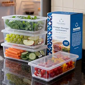 HomeWiz Fridge Storage Containers 1500ml x4 |Air Tight Storage Container Set With Removable Drain Plate|Fridge Organiser Storage Boxes|Food Grade Plastic Containers, Stackable For Fruits & Vegetables