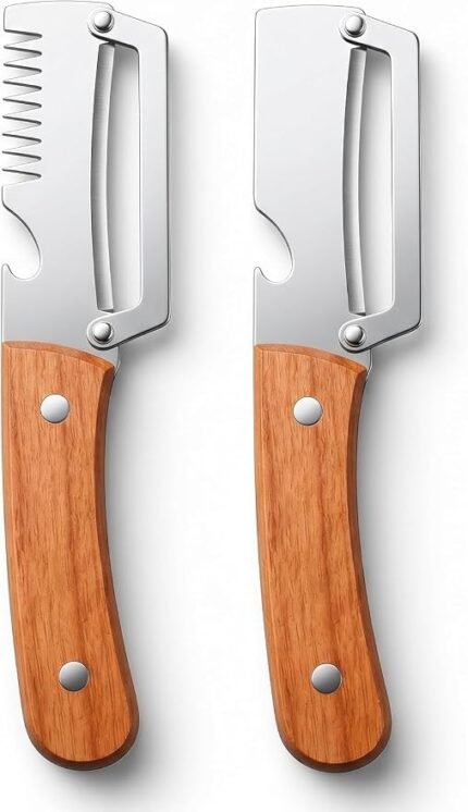 2-Piece Multifunctional Vegetable Peeler with Ergonomic Wooden Handle, Heavy Duty Stainless Steel 2-in-1 & 3-in-1 Kitchen Tool with Scallion Shredder & Built-in Bottle Opener for Home Cooking
