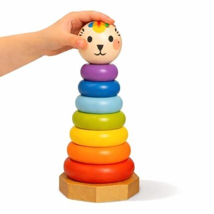 Wooden Rainbow Stacker 7 Rings for Babies | Montessori Learning Toy for 0-3 Years | Color Sorting Stacking Rings | Brain Development Activity | Non-Toxic Wooden Stacker