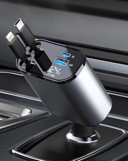 SPANTER Fastest Retractable Car Phone Charger, 120W Super Fast Charging, USB-A and Type-C Ports, Retractable Cables, Compatible with All iPhones, iPads and Android Phones.