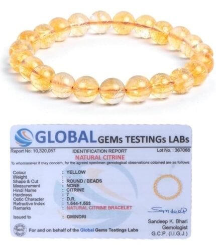 Merchant's Stone for Prosperity & Clarity I Original Lab Certified Citrine I 8mm Stretchable I Authentic Astrologic Reiki Healing Crystal I Money Magnet Braclet for Women and Men Bracelet (Yellow Gold)