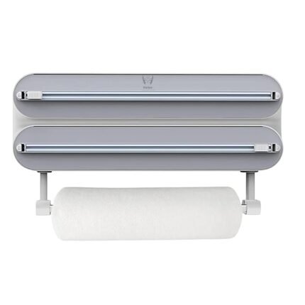 3 in1 Wall-Mounted Food Wrap Dispenser with Cutter Compatible with Cling, Aluminium Foil and Paper Towel Holder(Dual Tone)