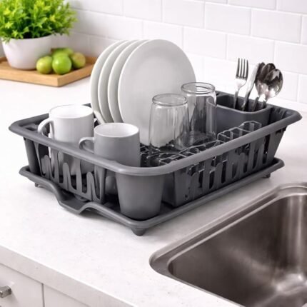 HomeWiz Large Plastic Dish Drying Rack | Rust-Free Utensil Rack with Built-in Drainage | 50 KG + Weight Capacity | Kitchen Rack with Cutlery Holder | BPA-Free Food Grade Plastic | 48x35x13 cm | Grey