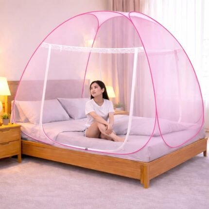 Double Bed Mosquito Net for King Size Bed - 6.5 x 6.5 Feet | Foldable Machardani with High Strength Steel Wire Mesh | Portable Hanging Canopy for Bedroom & Camping (Pink)