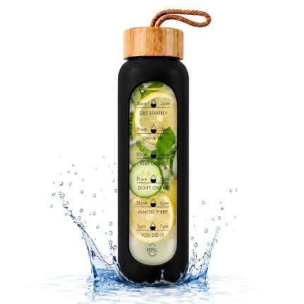 Borosilicate Glass Water Bottle 1 Litre with Time Marker, Silicone Non-Slip Sleeve, Leakproof Bamboo Lid, BPA-Free Reusable Drinking Bottle for Gym, Home, Office Men & Women