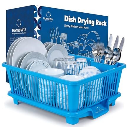 HomeWiz Plastic Dish Drying Rack | Rust-Free Utensil Rack with Built-in Drainage | 50 KG + Weight Capacity | Kitchen Rack with Cutlery Holder | BPA-Free Food Grade Plastic | 43x30x20 cm | Blue