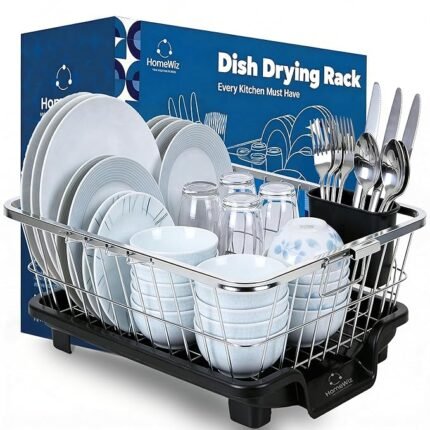 HomeWiz Dish Drying Rack | 100% Stainless Steel Utensils Drying Rack for Kitchen with Spoon Holder | Kitchen Rack with Built-in Drainage | Bartan Stand | Chrome Finish Forever Rust-Free | 40×32×16 cm