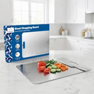 HomeWiz Stainless Steel Chopping Board with anti-slip base and handle slot for hygienic vegetable cutting – available on SaudaDeals.
