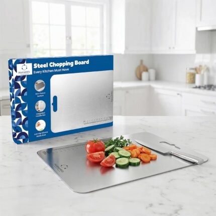 HomeWiz Stainless Steel Chopping Board with anti-slip base and handle slot for hygienic vegetable cutting – available on SaudaDeals.