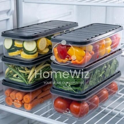 HomeWiz Fridge Storage Containers 1200ml x6 | Air Tight Storage Container Set | Fridge Organiser Storage Boxes |Food Grade BPA-Free Plastic Containers |Stackable, Transparent, for Fruits & Vegetables