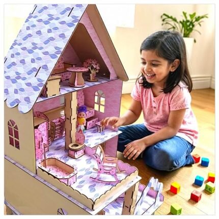 Wooden Doll House for Girls, Big Dollhouse, DIY Kit, Dream House for Kids, Pretend Play Set, Height 73 cm, Functional Furniture, Innovative Finish, Unique Happy Birthday Gift, Kids Room Decor